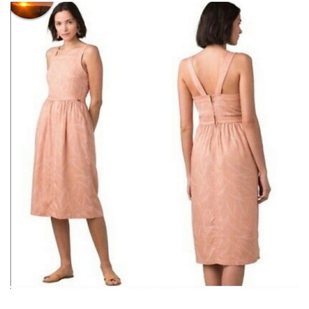 Prana Midi Dress XS Terracotta Orange Leaf Square Cross Back Pockets X-Small